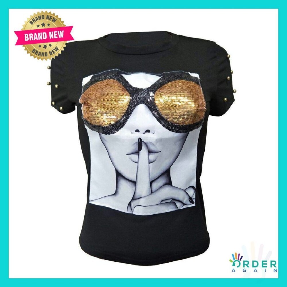 Sequined Graphic Tee Short Sleeve Relaxed Fit Y2K Chic Casual Top Blouse